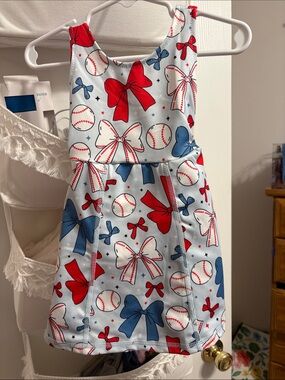 Kids Sleeveless Bow & Baseball Print Dress - Light Blue, Red & Navy